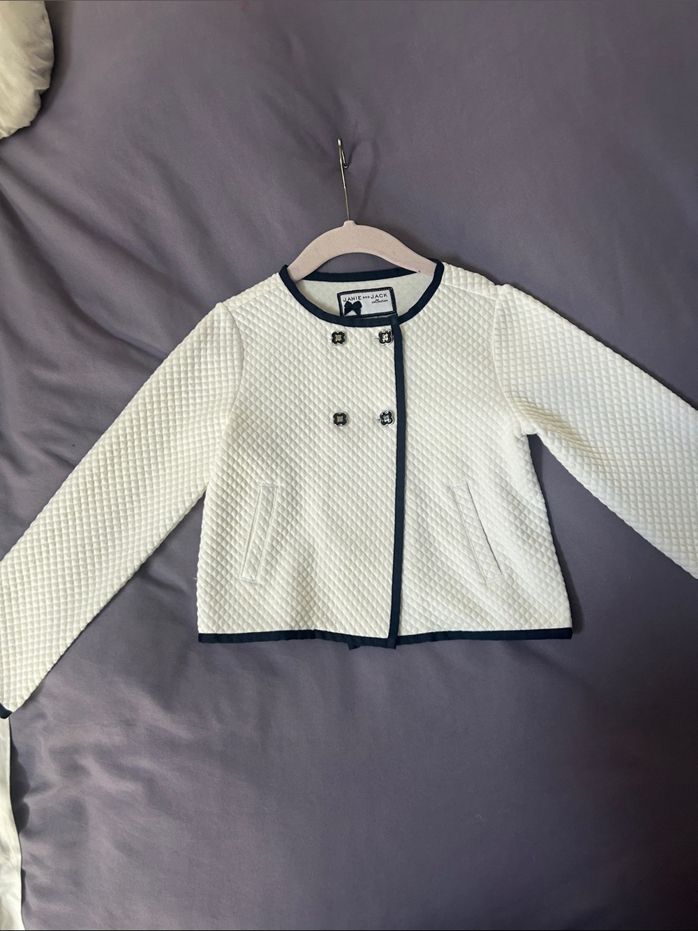 Janie and Jack White Quilted Jacket with Navy Trim